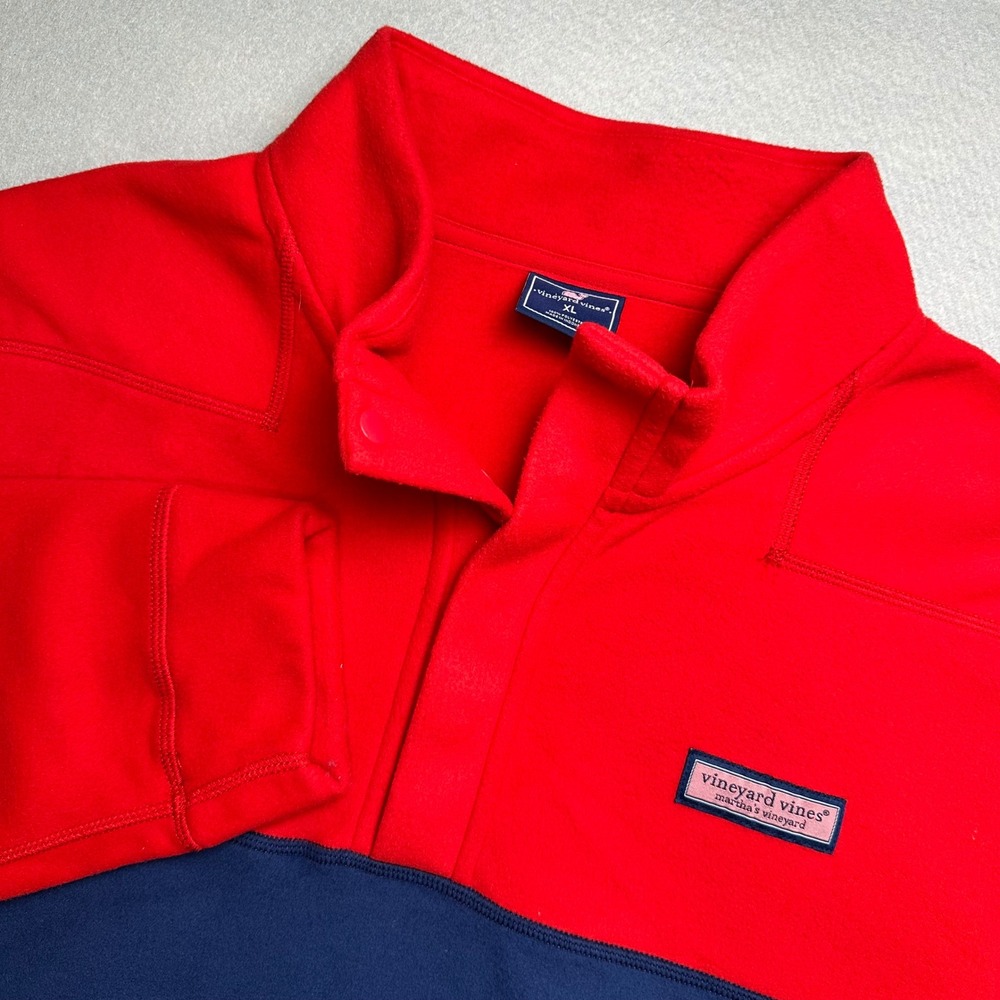 Vineyard Vines Fleece Pullover Mens XL Red Navy Blue Colorblock Quarter Snap